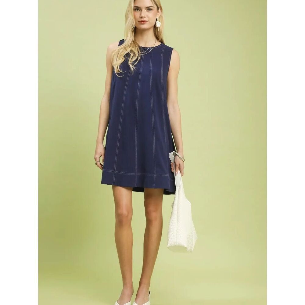 Sleeveless Navy Linen Cotton Shift Dress with Contrast Stitching sz Large